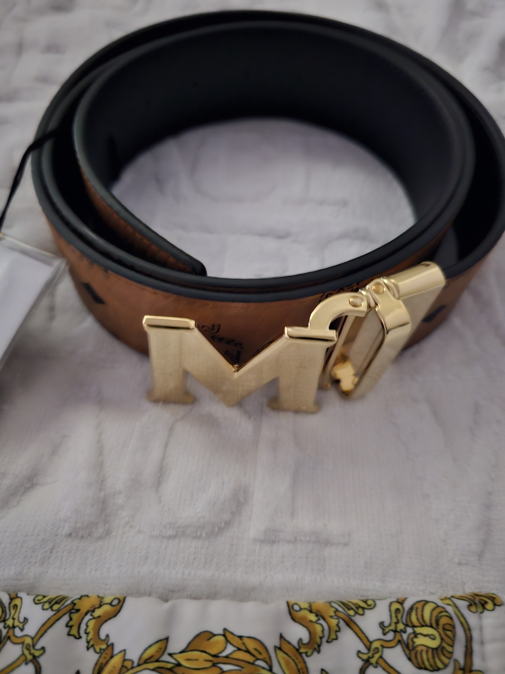 MCM Brown Leather Belt with Gold M Buckle